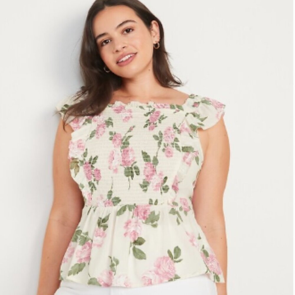 NWT Flutter-Sleeve Floral Smocked Blouse